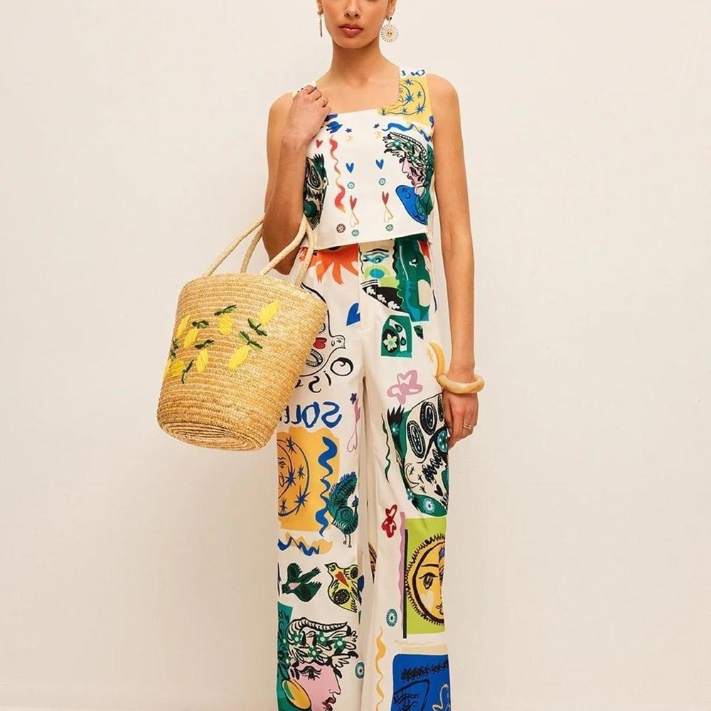 Commense Resort Wear Graphic Print Crop Top With Wide-Leg Pants Set Small